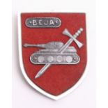 Rare WW2 Beja Battle Badge, aluminium shield with red felt centre. Badge shows a German Panzer