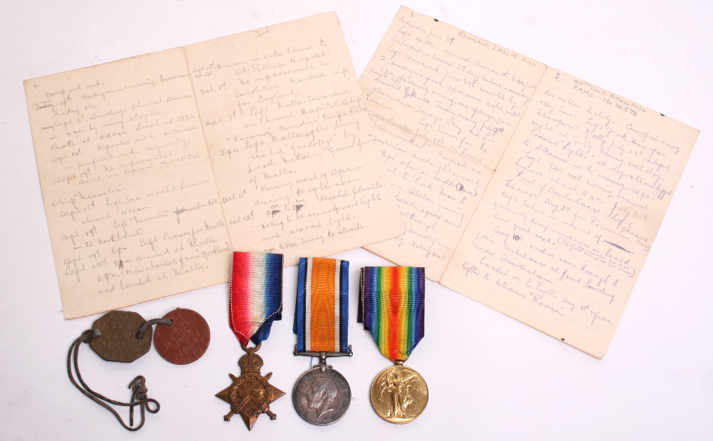 Great War Medal & Paperwork Grouping of Private Rowland Leslie Hill Royal Army Medical Corps & Royal