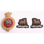 Victorian Queens Royal West Surrey Regiment Officers Glengarry Badge and Collar Badges, gilt crowned