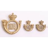 105th Madras Light Infantry Glengarry Badge and Collar Badges, gilt brass crowned bugle with 105