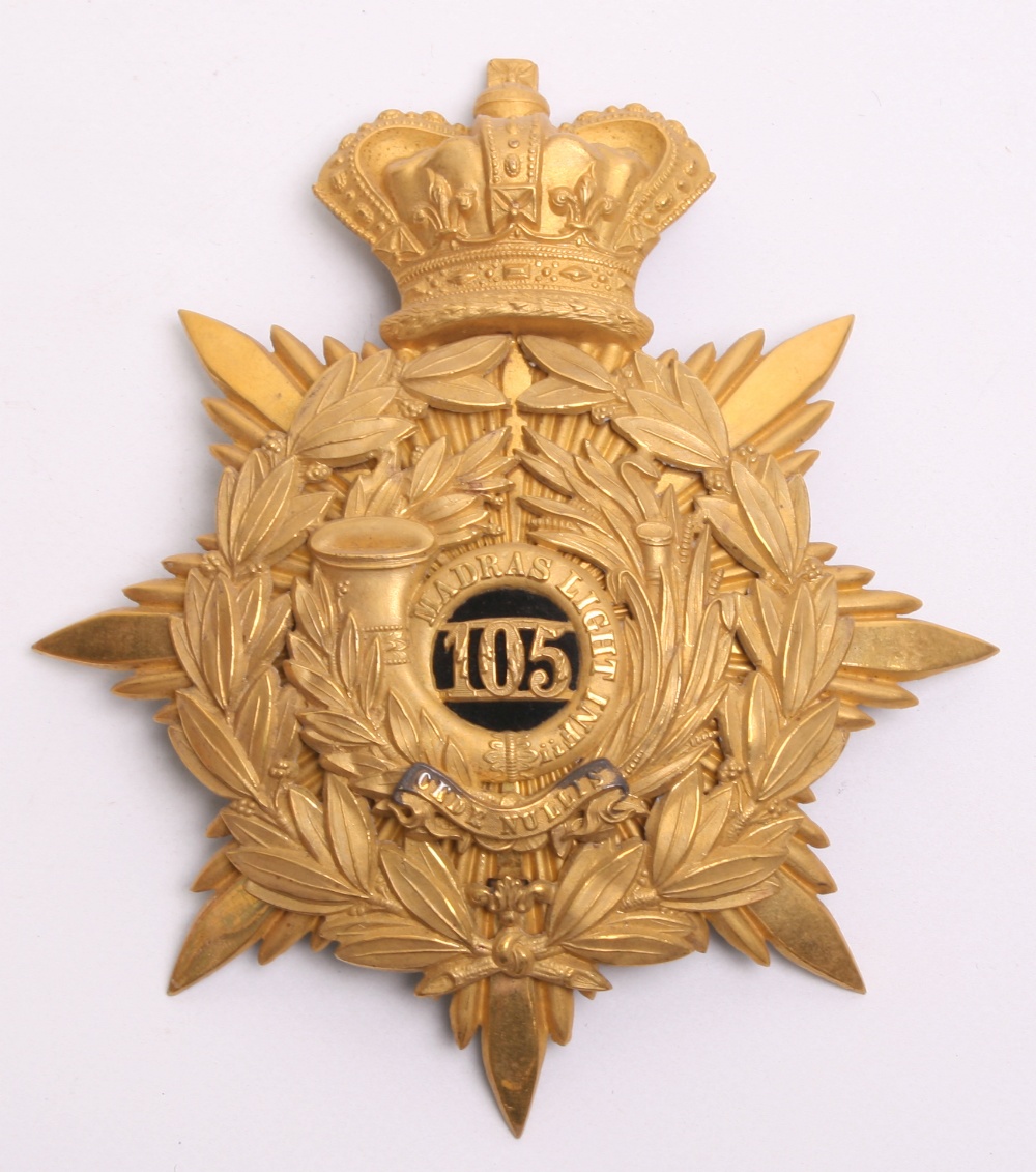 Rare Victorian 105th Madras Light Infantry Helmet Plate, of superb quality gilt crowned star,