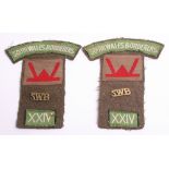 2x WW2 South Wales Borderers Battle Dress Combination Insignia, woven white on green regimental