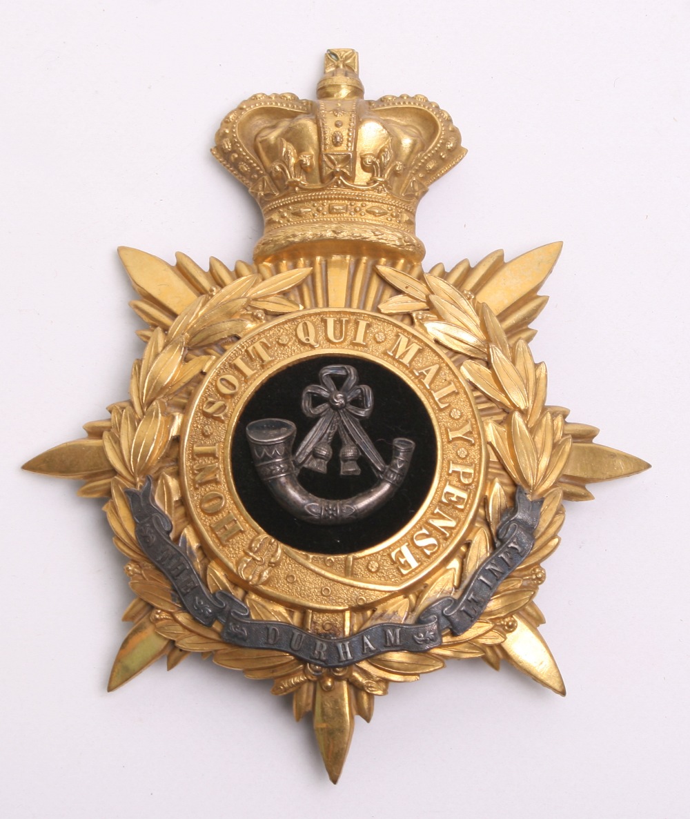 Victorian Durham Light Infantry Officers Home Service Helmet Plate, gilt crowned star with laurel