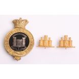 Victorian Suffolk Regiment Officers Glengarry Badge and Collar Badges, gilt crowned garter with