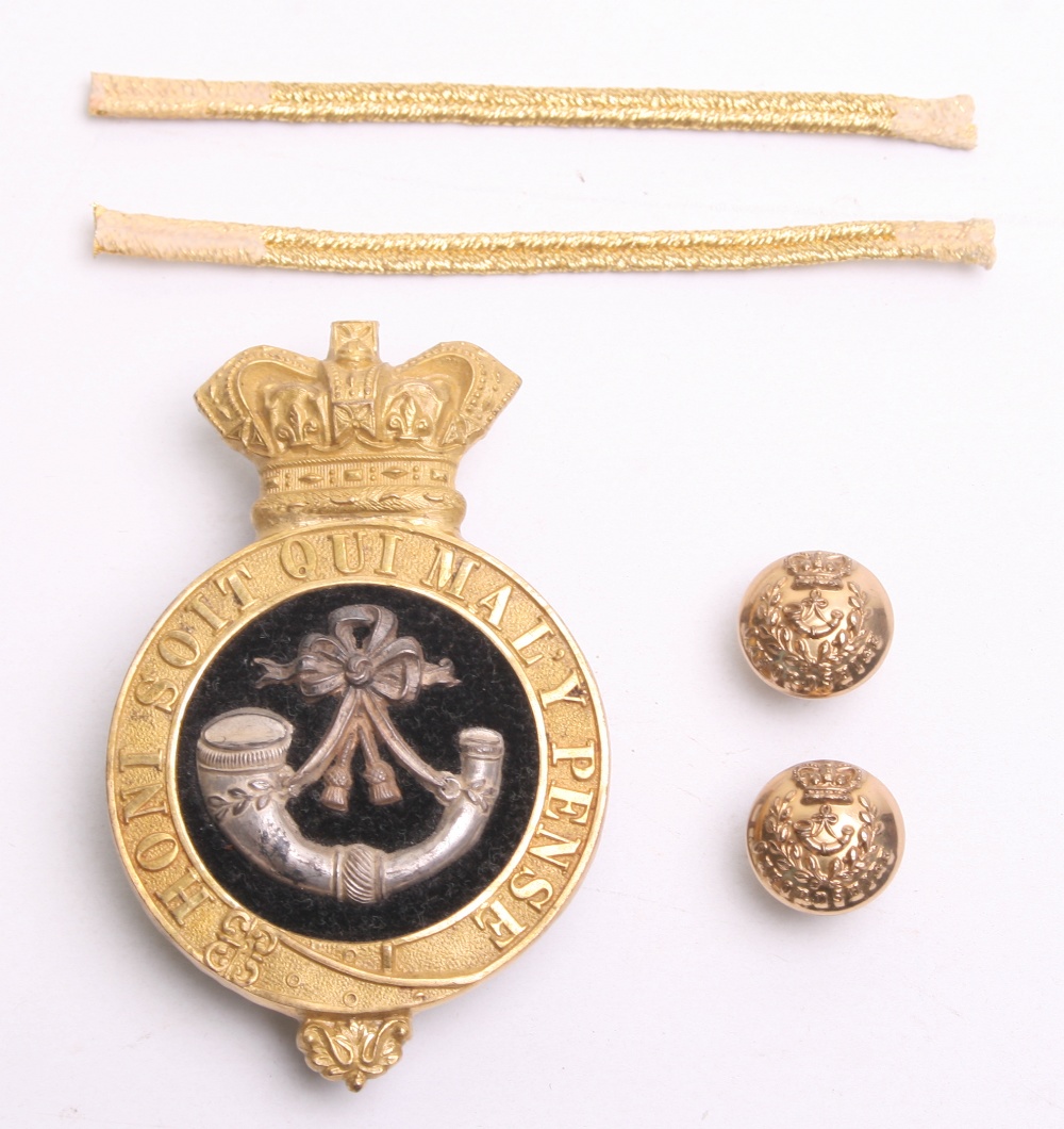 Victorian Oxfordshire Light Infantry Officers Glengarry Badge, fine gilt crowned garter with black