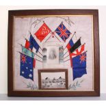 Great War HMS Humber Souvenir Tapestry, with flags of the allied nations and a photograph of a naval