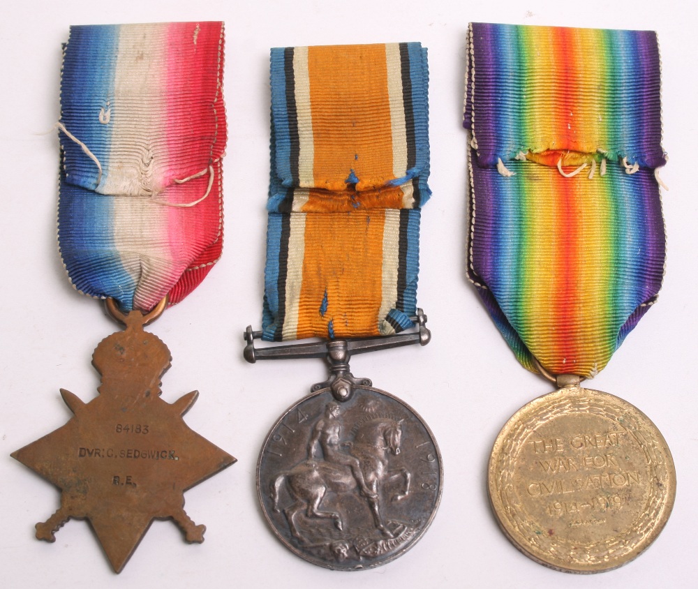 1914-15 Star Trio Royal Engineers, medals were awarded to 84183 DVR C SEDGWICK RE. Medals are - Image 2 of 3