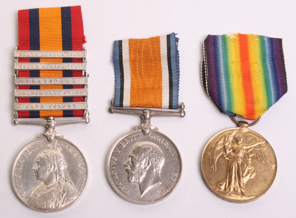 Boer War & WW1 Medal Group of Three consisting of Queens South Africa medal with five clasps, Cape