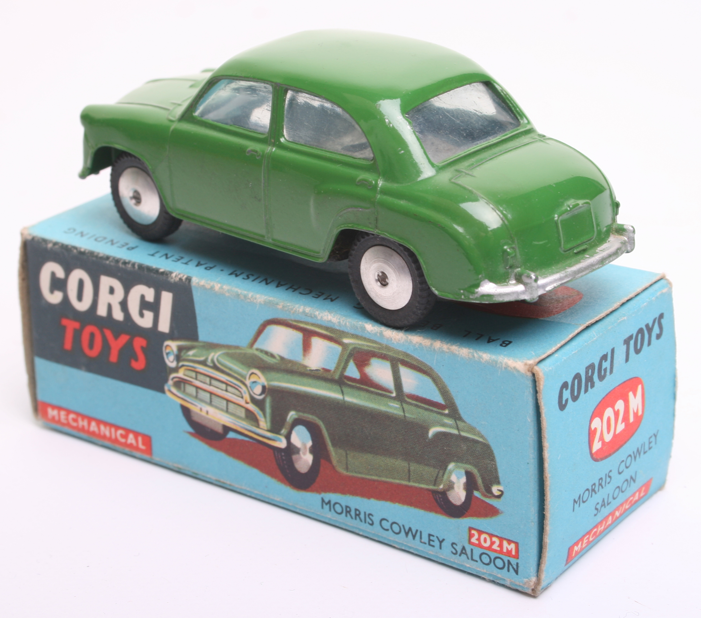 Corgi Toys 202M Morris Cowley Saloon Car, green  body, flat spun wheels,with flywheel motor in - Image 2 of 2