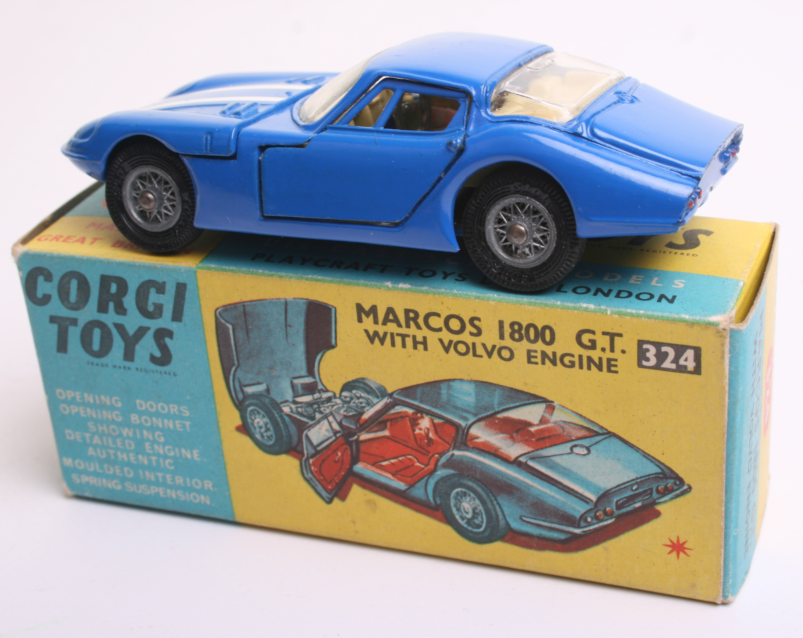 Corgi Toys 324 Marcos 1800 GT with Volvo Engine, blue body, pale blue/white interior, wire wheels, - Image 2 of 2