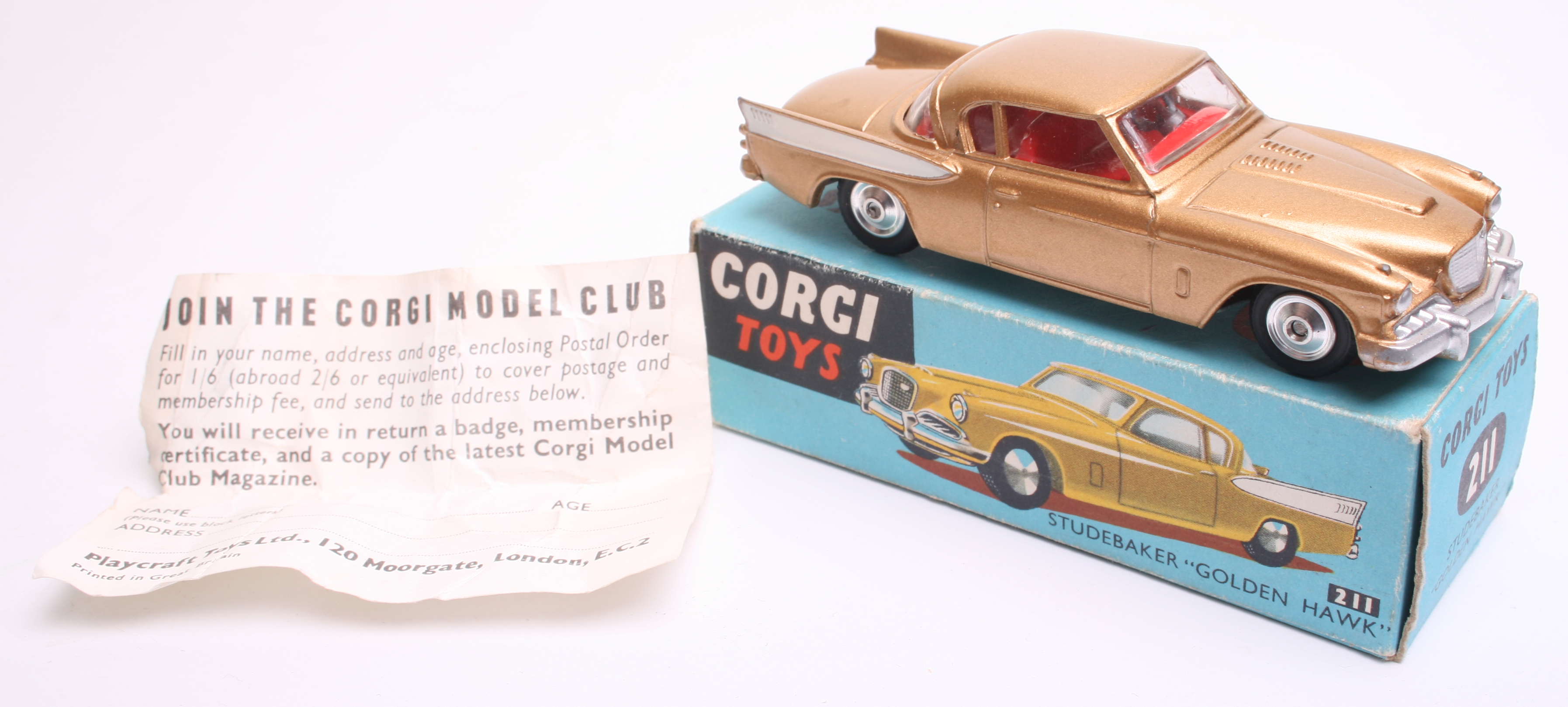 Corgi Toys 211S Studebaker “Golden Hawk” gold body/white trim, spun wheels, in near mint condition