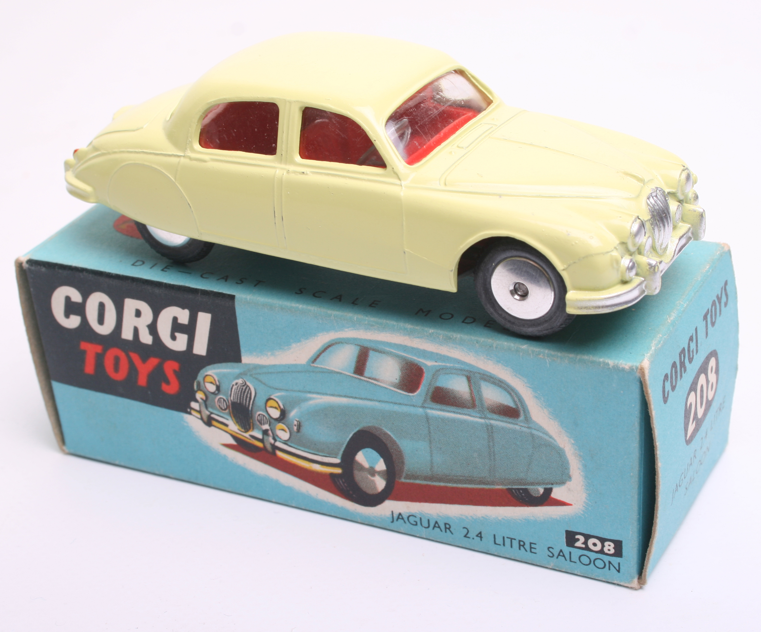 Corgi Toys 208s  Jaguar 2.4 Litre Saloon Car, lemon body, red interior, flat spun wheels, in near