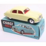 Corgi Toys 208s  Jaguar 2.4 Litre Saloon Car, lemon body, red interior, flat spun wheels, in near