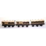 Three Bing for Bassett-Lowke gauge I 6-wheel LNWR coaches, brown/white livery, one 1st/3rd 13212 and