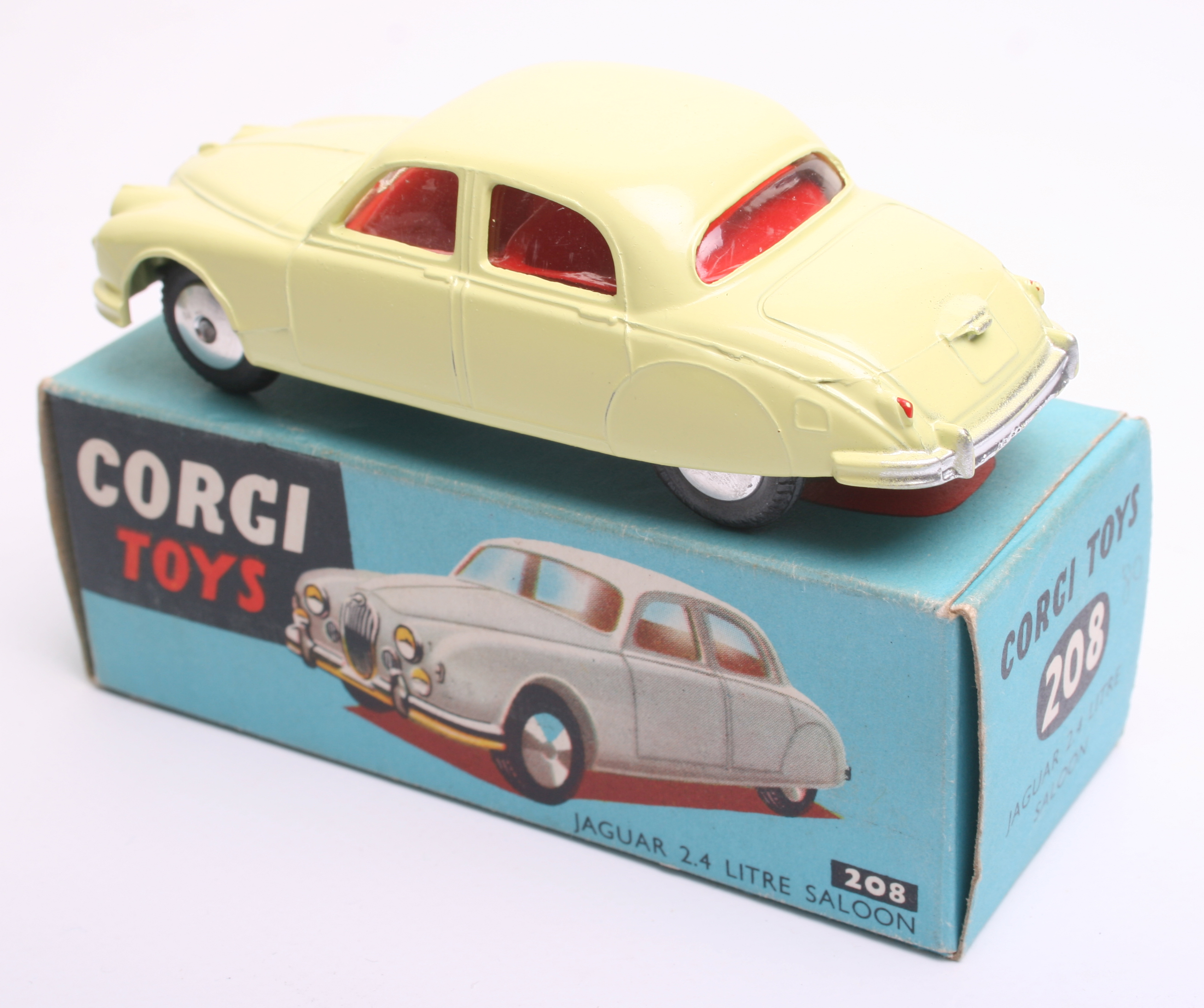 Corgi Toys 208s  Jaguar 2.4 Litre Saloon Car, lemon body, red interior, flat spun wheels, in near - Image 2 of 2