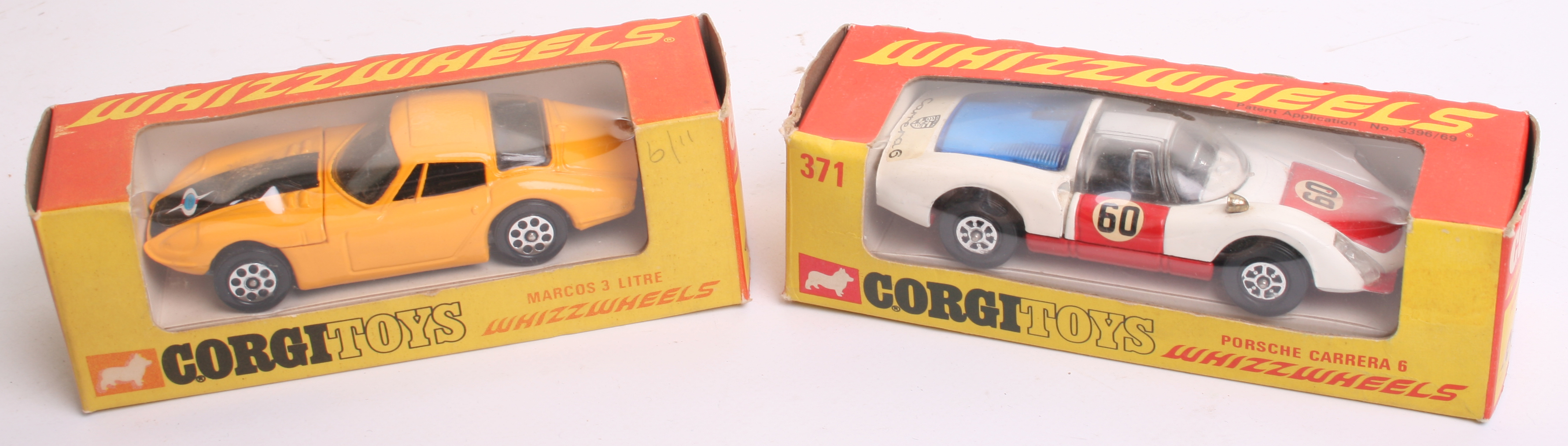 Two Corgi Toys Whizzwheels,317Marcos 3 Litre, orange body, black stripe,371 Porsche Carrera 6,