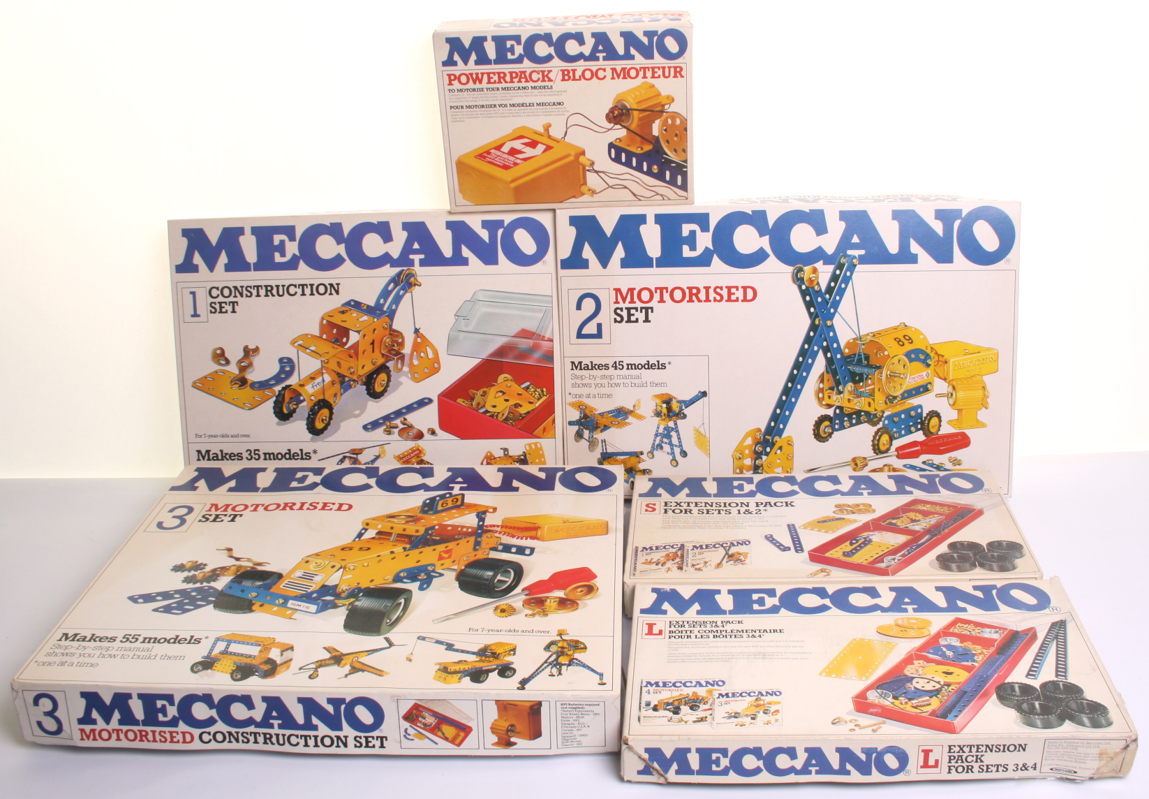 Meccano sets 1 to 5, 1978, blue and yellow components, boxed sets 1, 2, 3, 4, 5, S extension pack