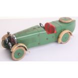 Meccano No.2 constructors racing car, 1930s, finished in green with red seats and grill, cream mud