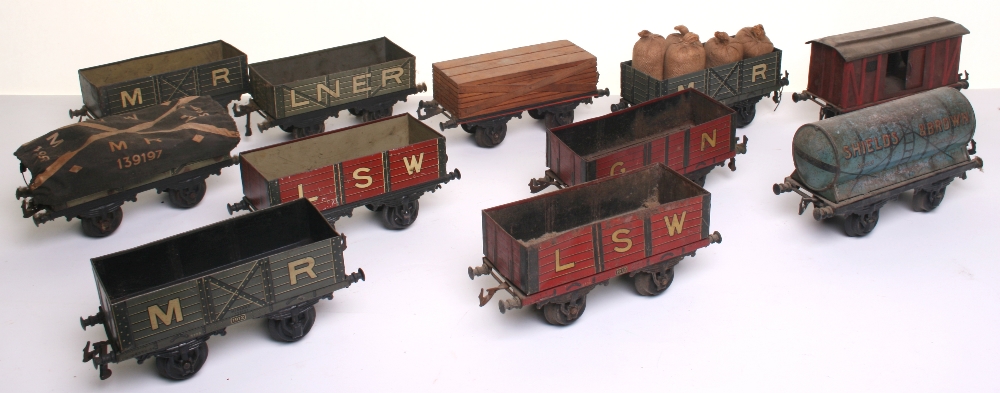 Bing gauge I rolling stock, eight open wagons MR, LNER, LSW, LMS and GN, flat truck with timber - Image 2 of 2