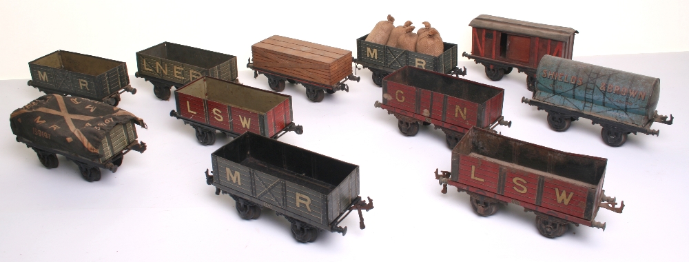 Bing gauge I rolling stock, eight open wagons MR, LNER, LSW, LMS and GN, flat truck with timber