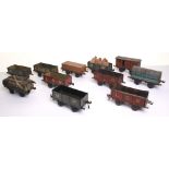 Bing gauge I rolling stock, eight open wagons MR, LNER, LSW, LMS and GN, flat truck with timber