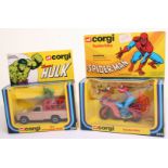 Corgi Toys 264 The Incredible Hulk Mazda Pick Up and 266 Spiderman’s Bike, both in mint boxed