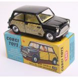 Scarce Corgi Toys  249 Mini Cooper with De-luxe Wickerwork, black body, scarce black roof, yellow