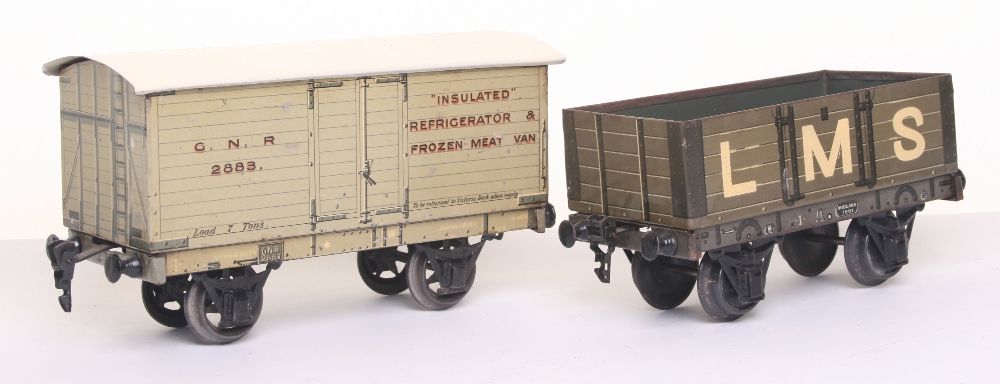 * Marklin gauge I G.N.R Refrigerator van and L.M.S open wagon, G.N.R “Insulated Refrigerator &