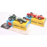 Two Corgi Toys Racing Cars,155 Lotus Climax F1 Jim Clarkes Racing car, green body no’1’ with spun