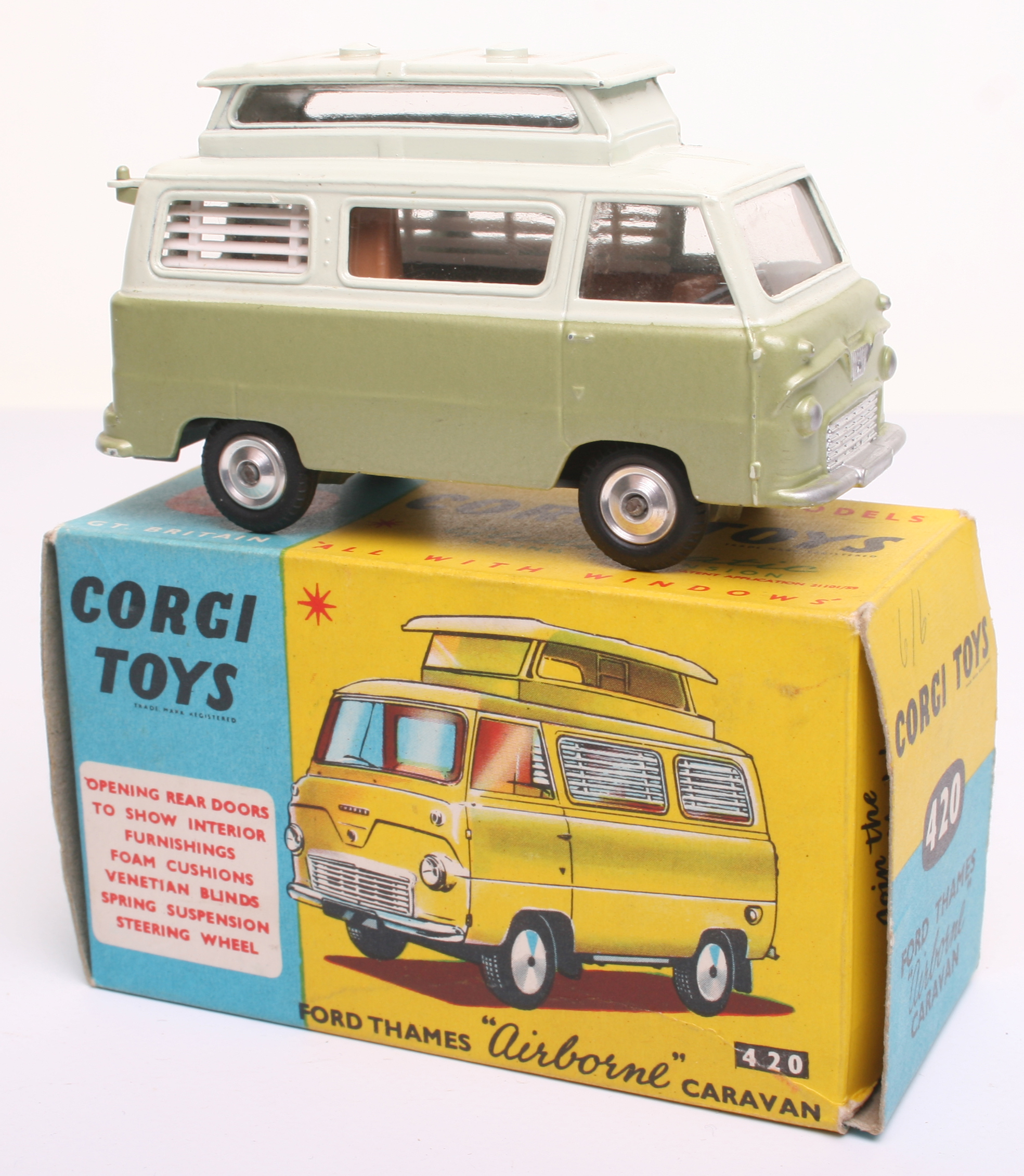 Corgi Toys 420 Ford Thames Airbourne Caravan, metallic olive green/apple white body, brown