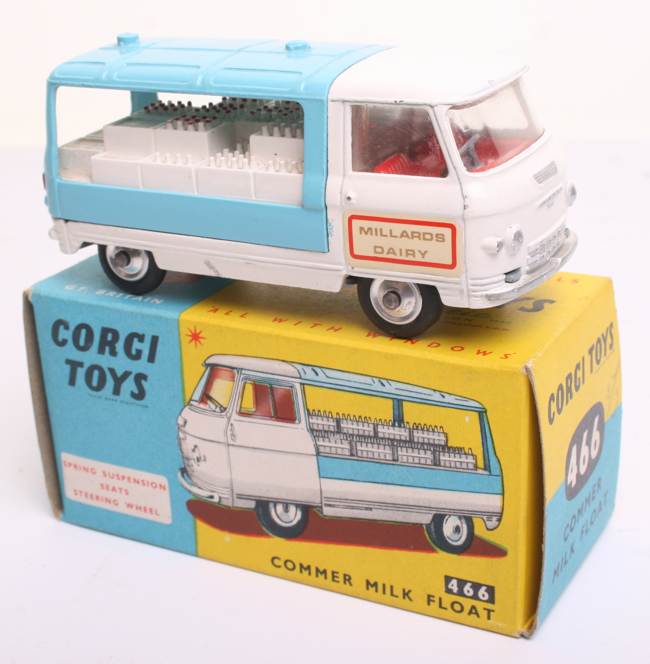 Corgi Toys 466 Commer  Milk Float, white cab/chassis, pale blue back, red interior “Millards
