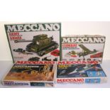 Six themed Meccano construction sets, 1978, Army set, Combat set, Highway set, motorised Crane