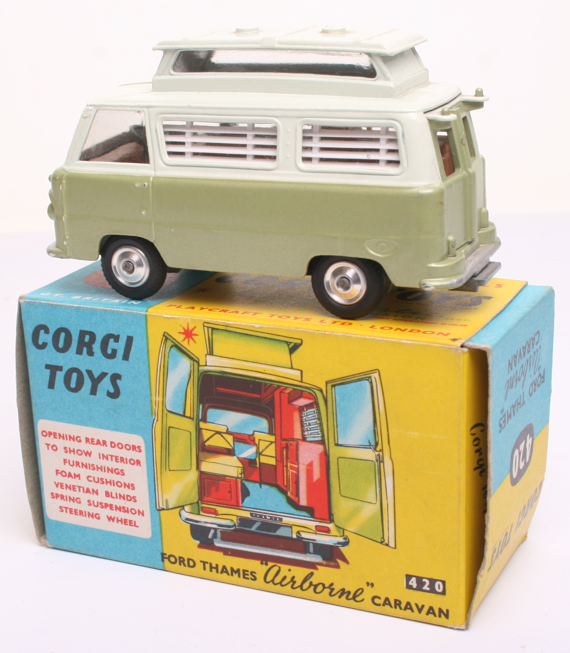 Corgi Toys 420 Ford Thames Airbourne Caravan, metallic olive green/apple white body, brown - Image 2 of 2