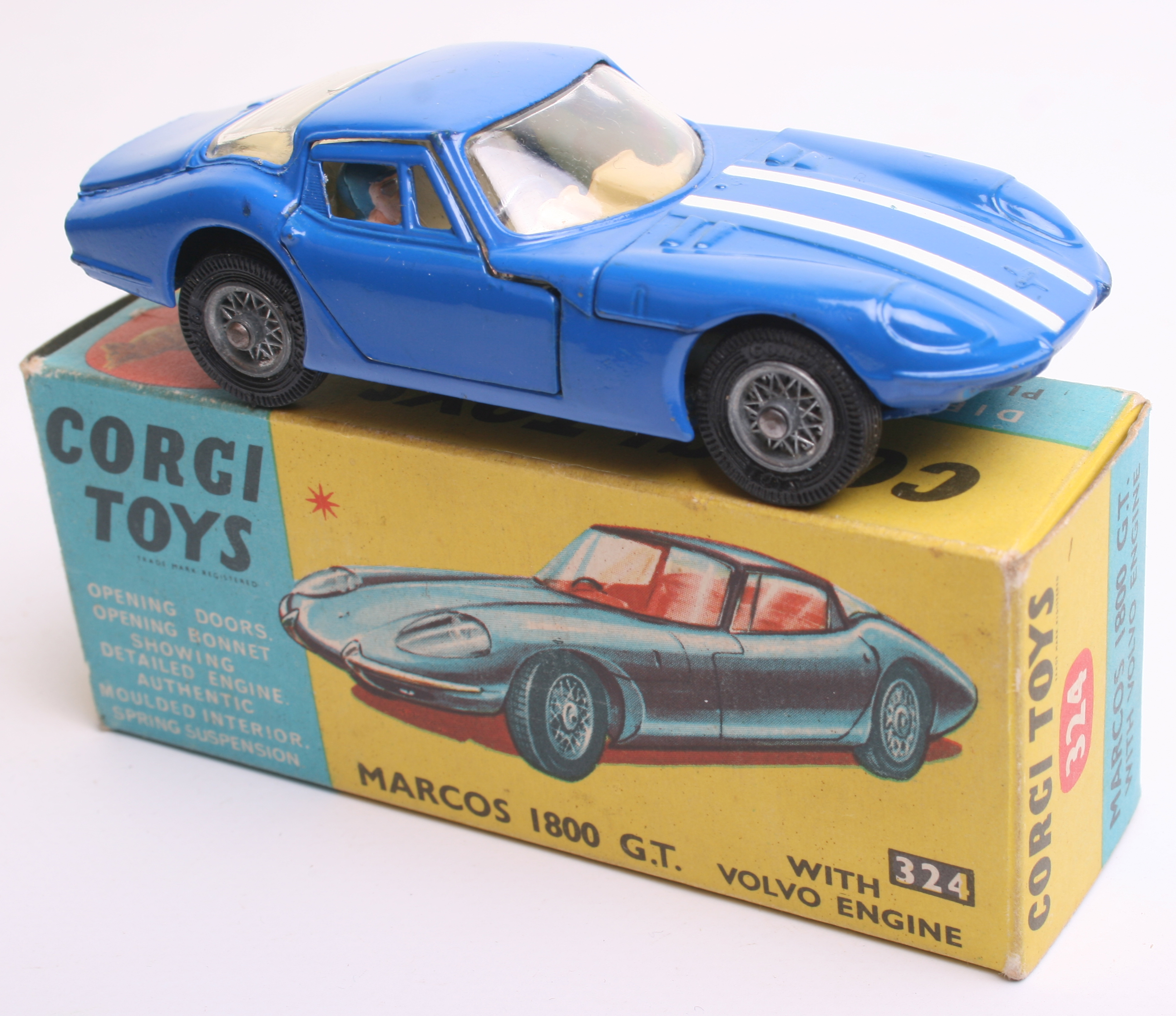 Corgi Toys 324 Marcos 1800 GT with Volvo Engine, blue body, pale blue/white interior, wire wheels,