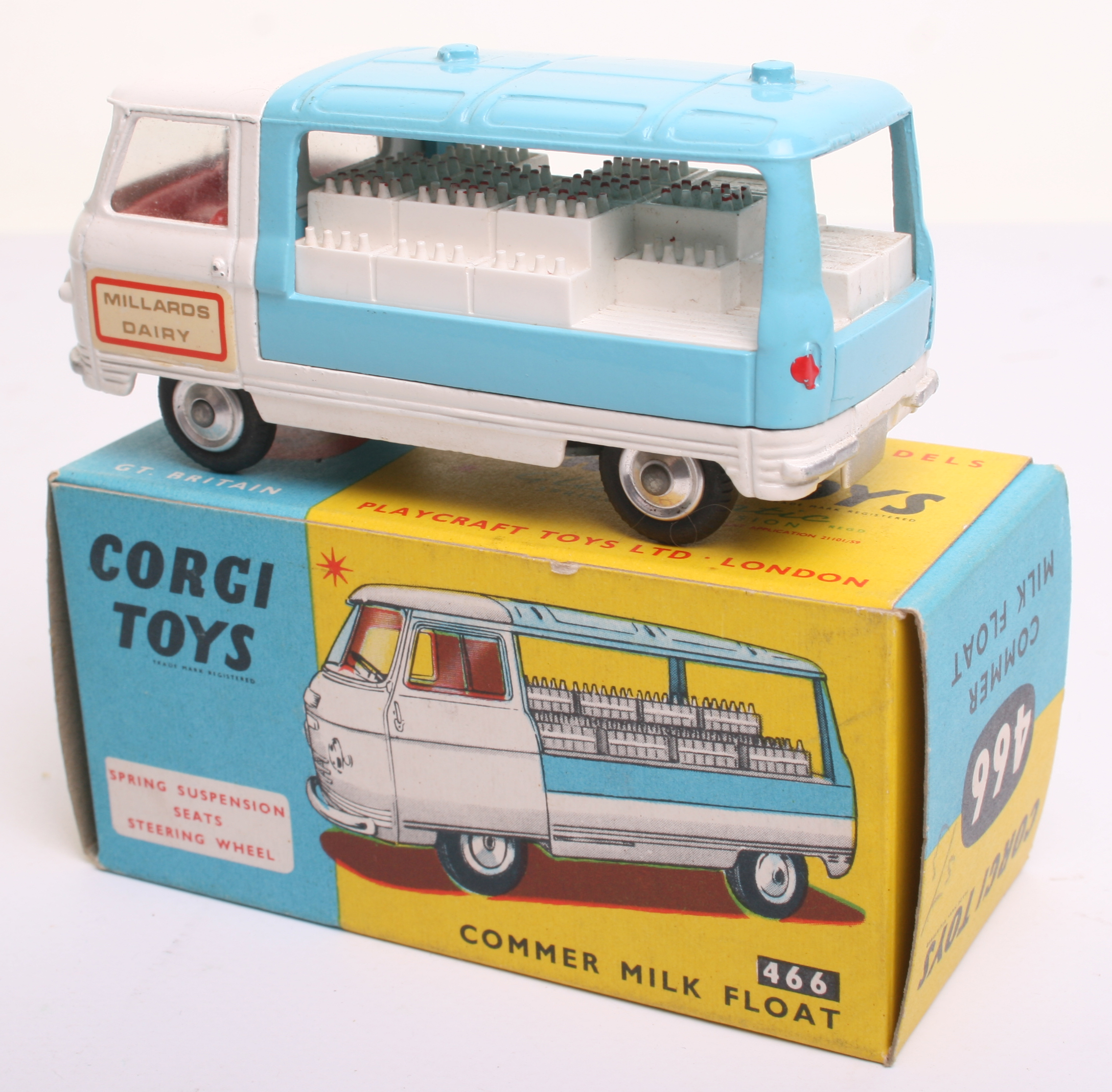 Corgi Toys 466 Commer  Milk Float, white cab/chassis, pale blue back, red interior “Millards - Image 2 of 2