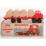 Rare Merit Bowater Newsprint Lorry, redplastic, friction motor, AEC Flatbed 12-wheeled lorry,