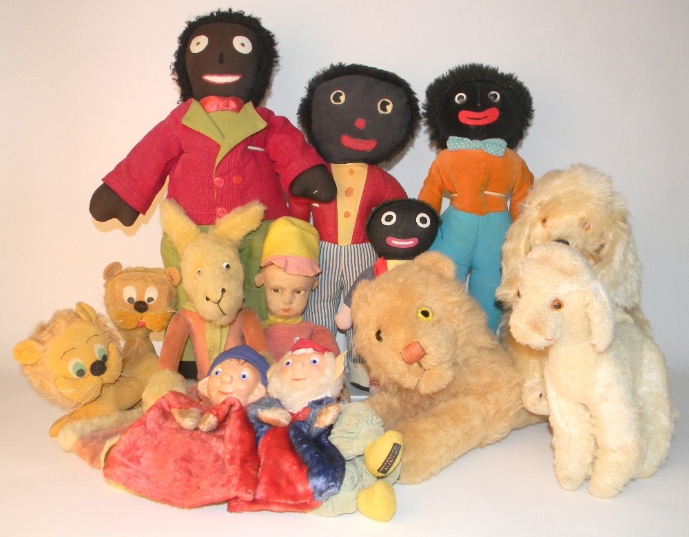 A collection of Gollies and soft toys, including a Merrythought Golly, three traditional Gollies,