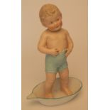 Rare Heubach bisque figure of boy standing in bath, German circa 1910, the well moulded face with