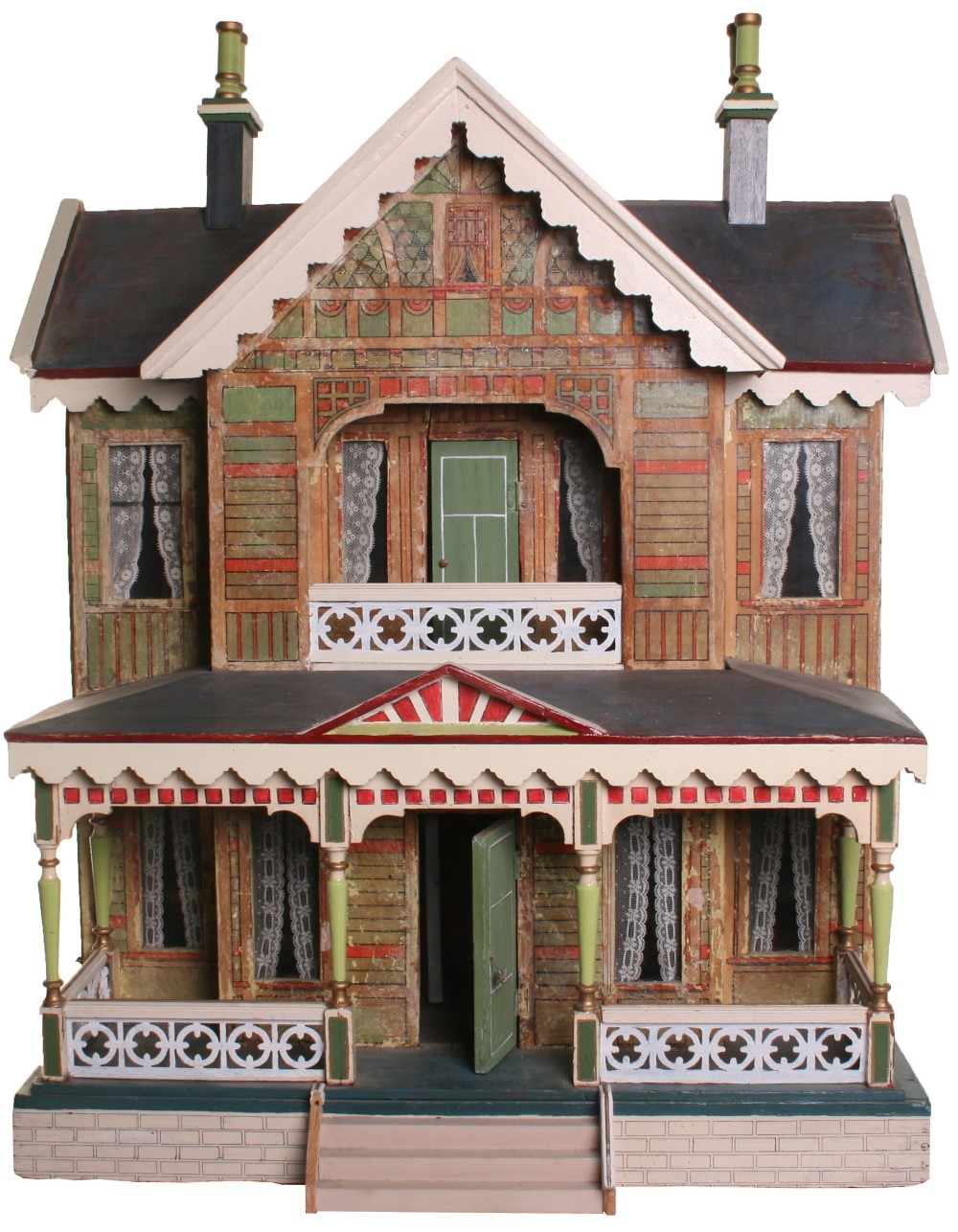 A large Moritz Gottschalk model 3586 Dolls House, with red and green paper lithographed exterior,