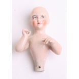 Glazed china pin-cushion doll, the little girl with painted features and raised arms, open crown, 8”