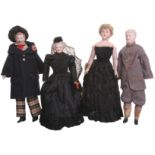 Four German bisque head Dolls House dolls, all with painted features and on cloth bodies with bisque