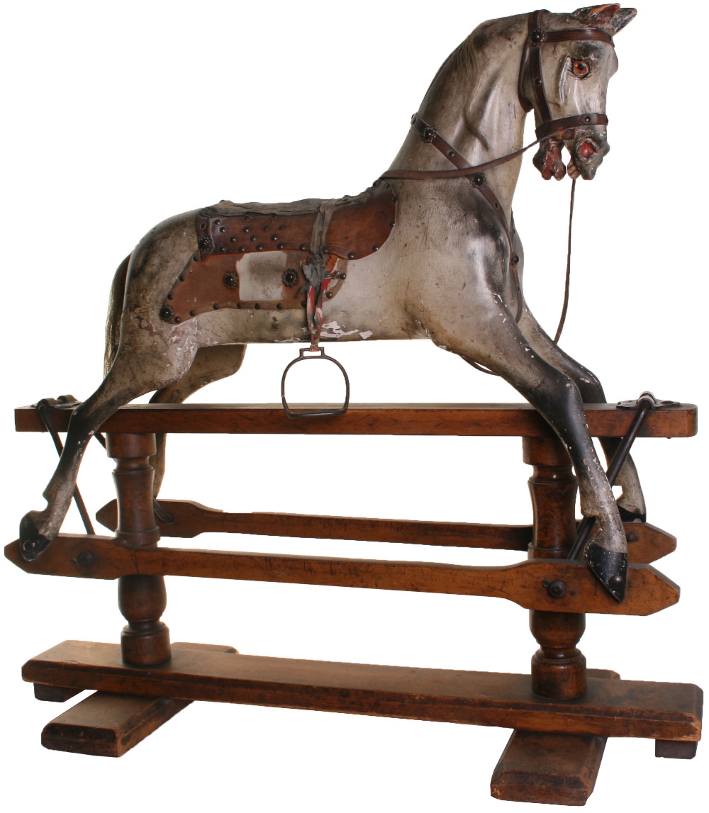 A G&J Lines Bros carved wooden rocking horse, English circa 1890, the dapple grey gesso horse with