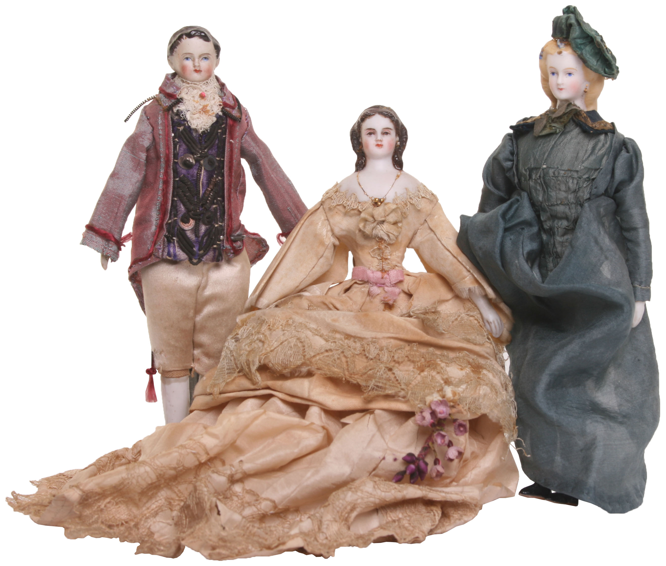 Three German parian-type Dolls house dolls, all with painted features and on cloth bodies with