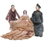 Three German parian-type Dolls house dolls, all with painted features and on cloth bodies with