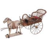 A fine toy horse and open carriage, circa 1880, the dapple grey papier-mache horse on wooden base