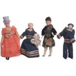 Four German bisque head Dolls House dolls, all with painted features moulded hair cloth bodies and