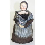 Unusual two-faced glazed china shoulder head doll, German circa 1870, with elderly lady and young