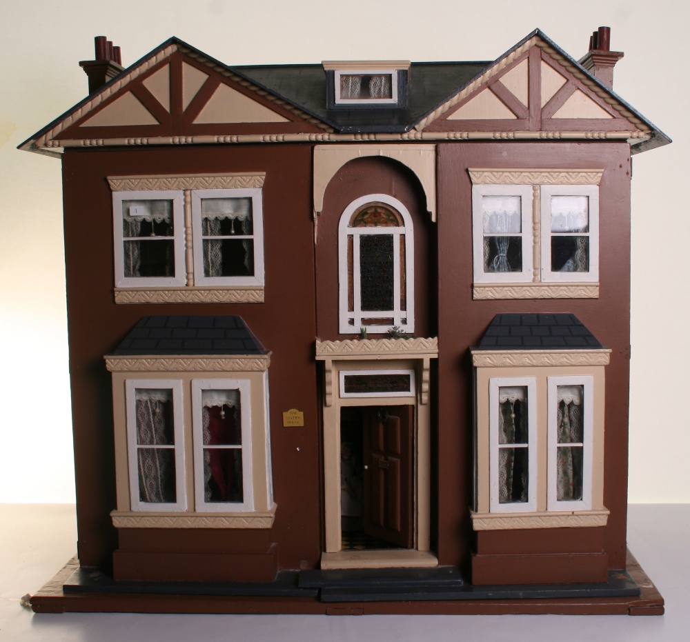 ‘The Station House’ painted wooden Edwardian doll house, the impressive brown and cream painted