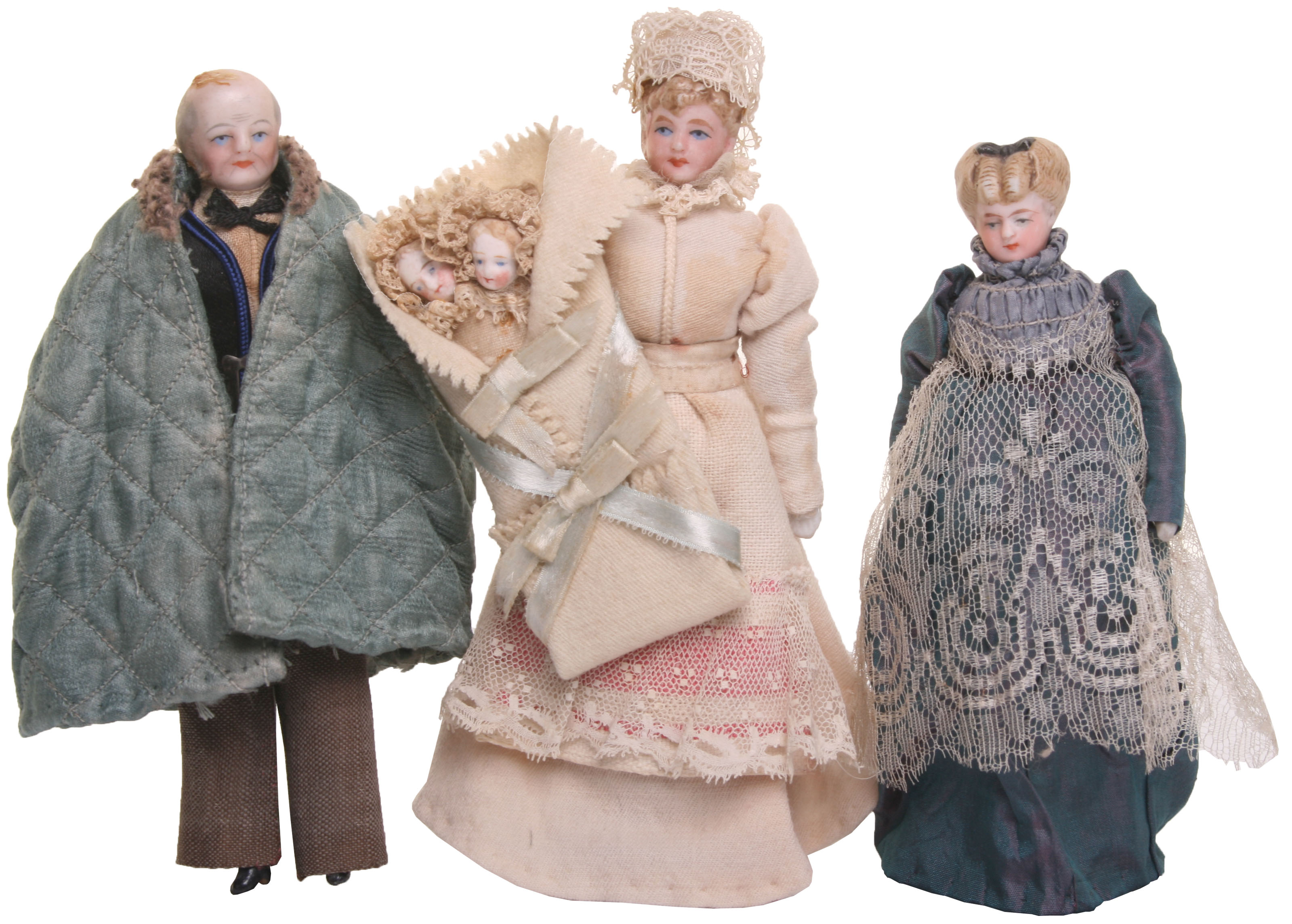 Three German bisque head Dolls House dolls, all with painted feature and moulded hair on cloth