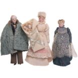 Three German bisque head Dolls House dolls, all with painted feature and moulded hair on cloth